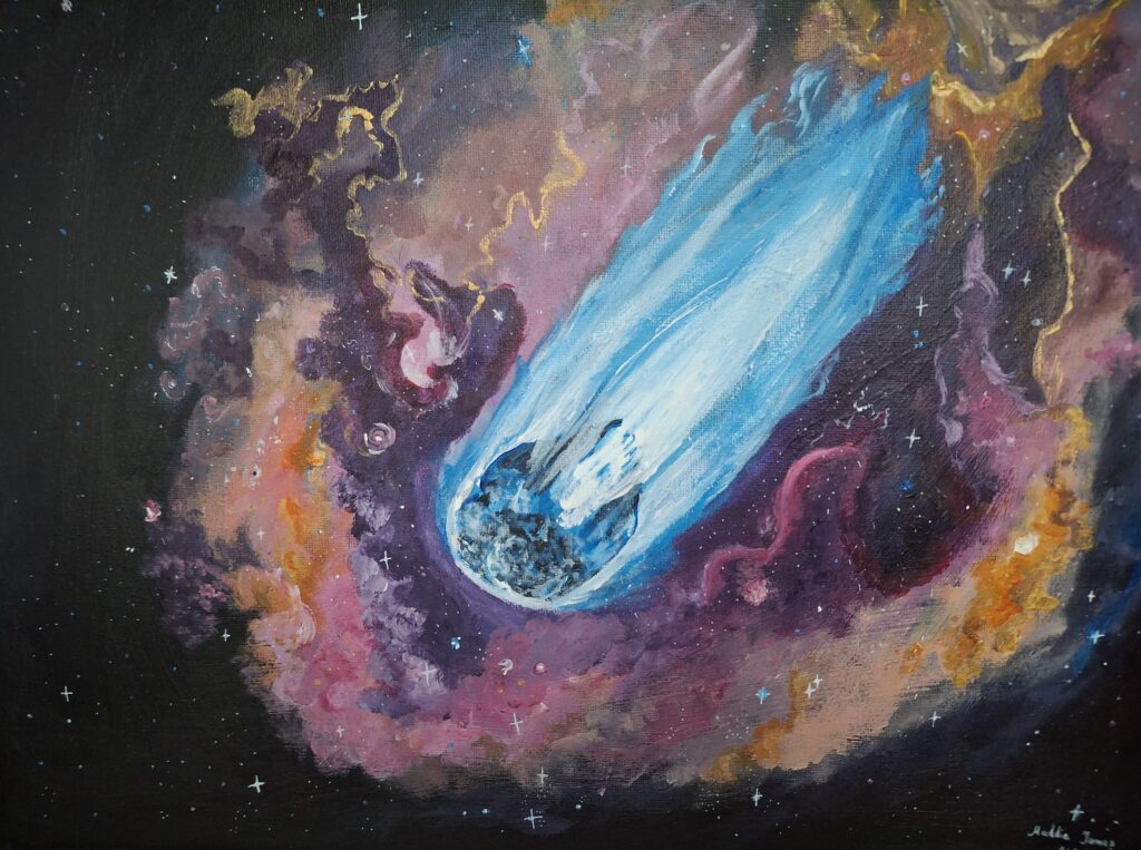 Comet rushing through golden, purple nebula clouds